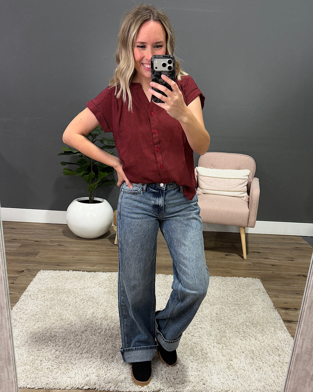 NEW! Denise Rolled Cuff Button Up Top - Burgundy