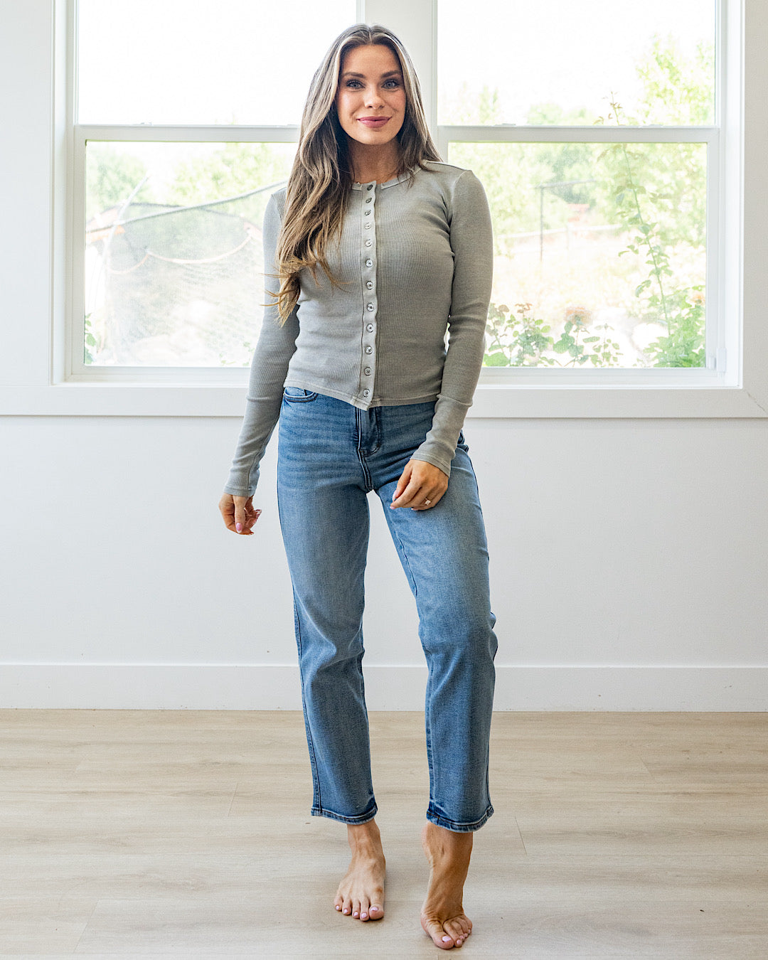 NEW! Cecilia Micro Ribbed Button Up Top - Gray