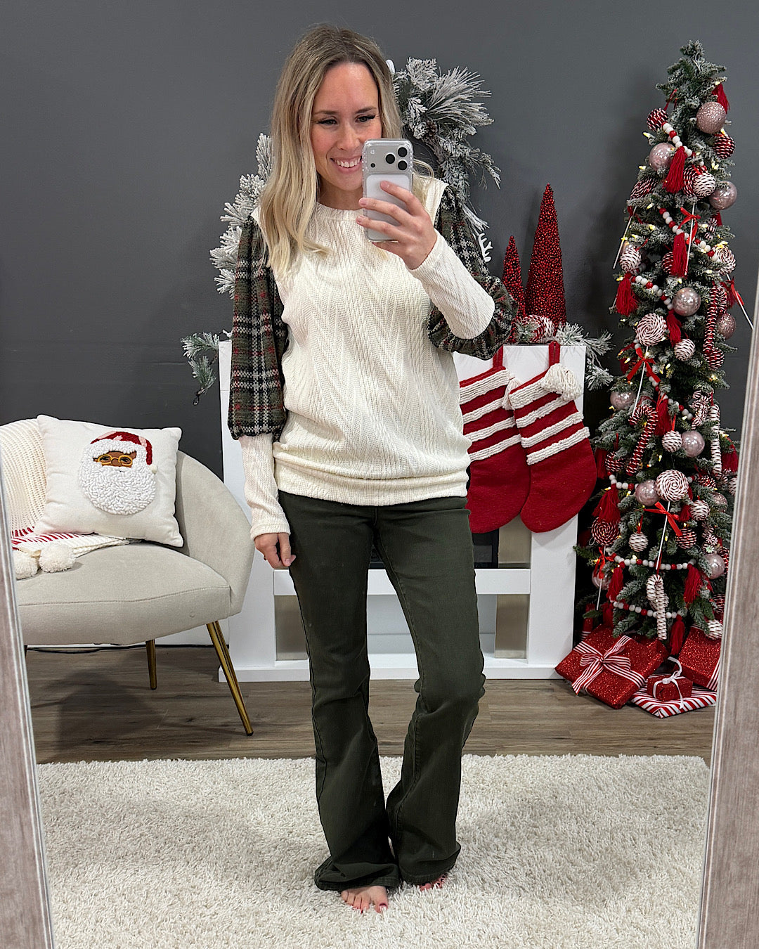 NEW! Chelsea Cable Knit & Plaid Color Block Top - Olive