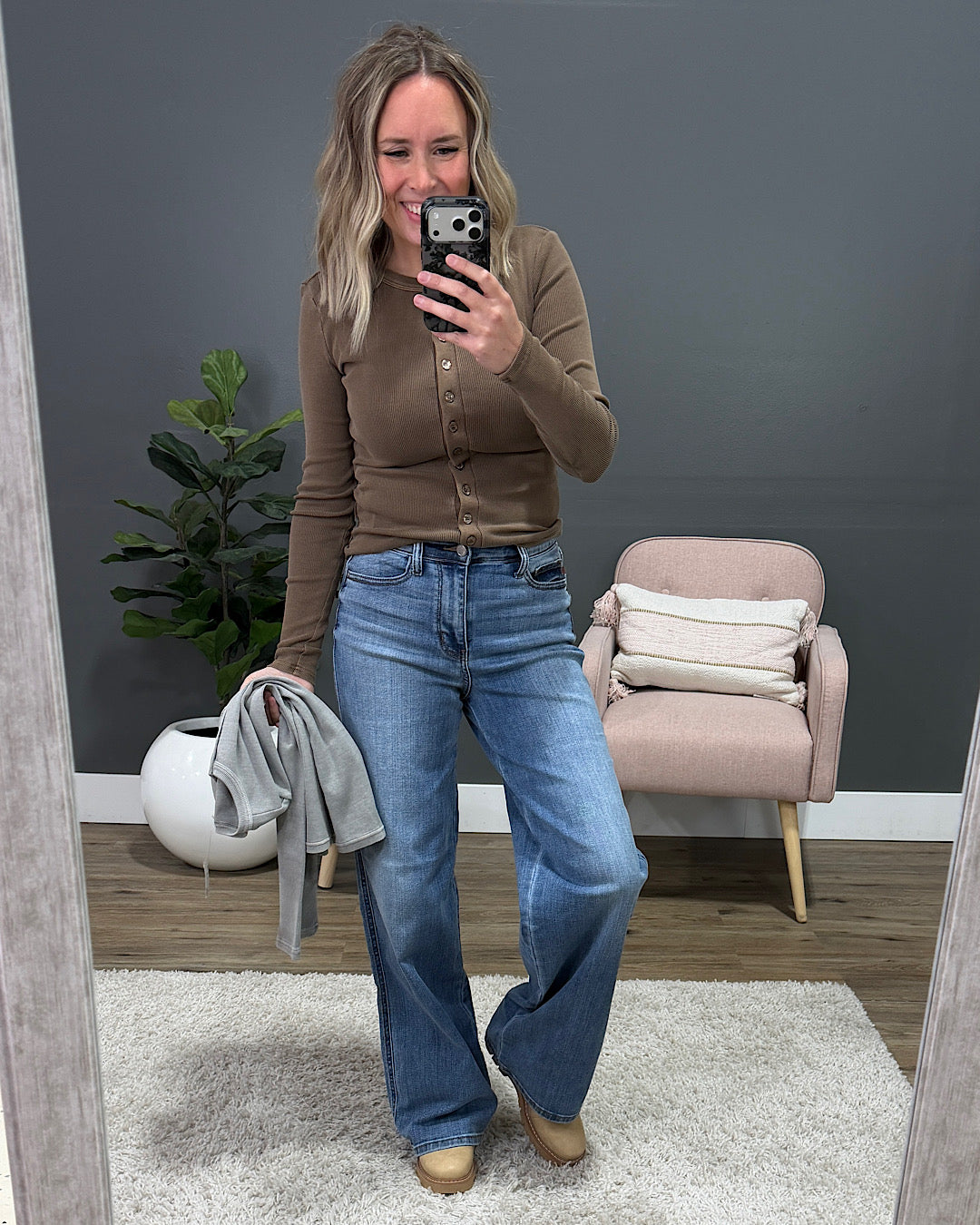 NEW! Cecilia Micro Ribbed Button Up Top - Gray
