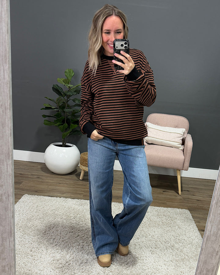 NEW! Ampersand Ave Performance Fleece University Pullover - Chai Stripe