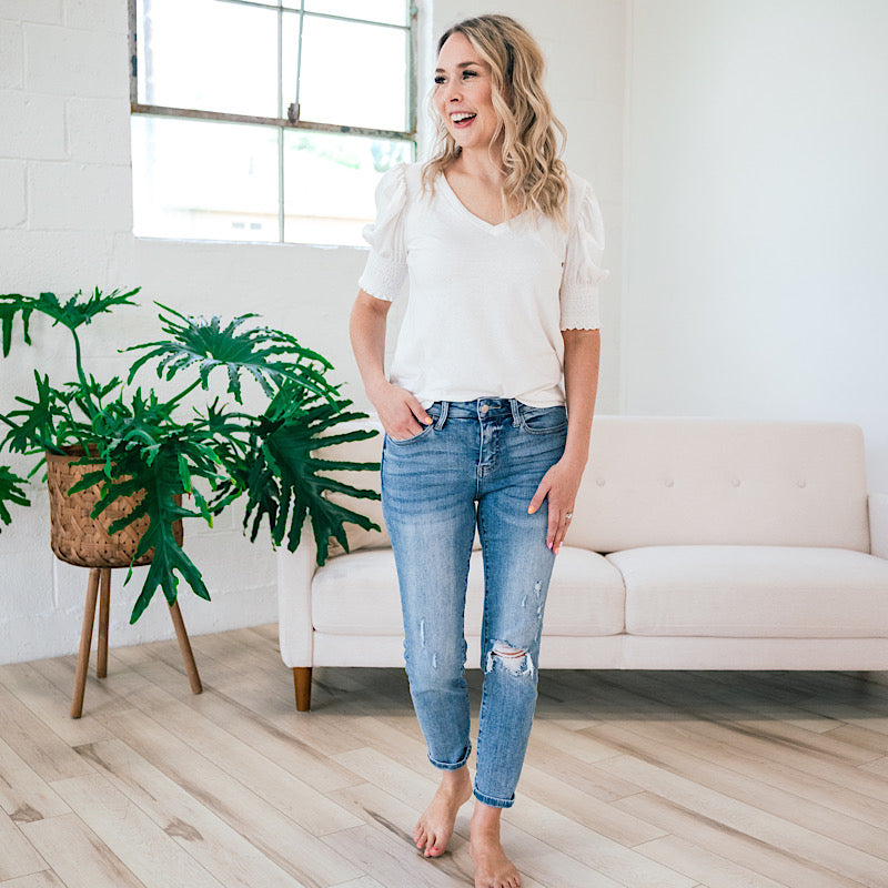 Teryn Smocked Sleeve V Neck Top - Vintage White  7th Ray   