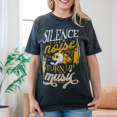 Silence the Noise Distressed Black Tee  Southern Bliss   