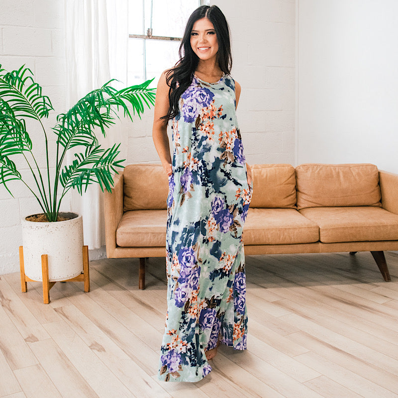 Amber Sage and Lavender Floral Tank Maxi Dress  Sew In Love   