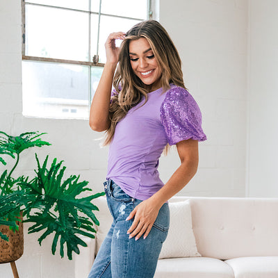Elliana Sequin Puff Sleeve Top - Lavender  Lovely Melody   