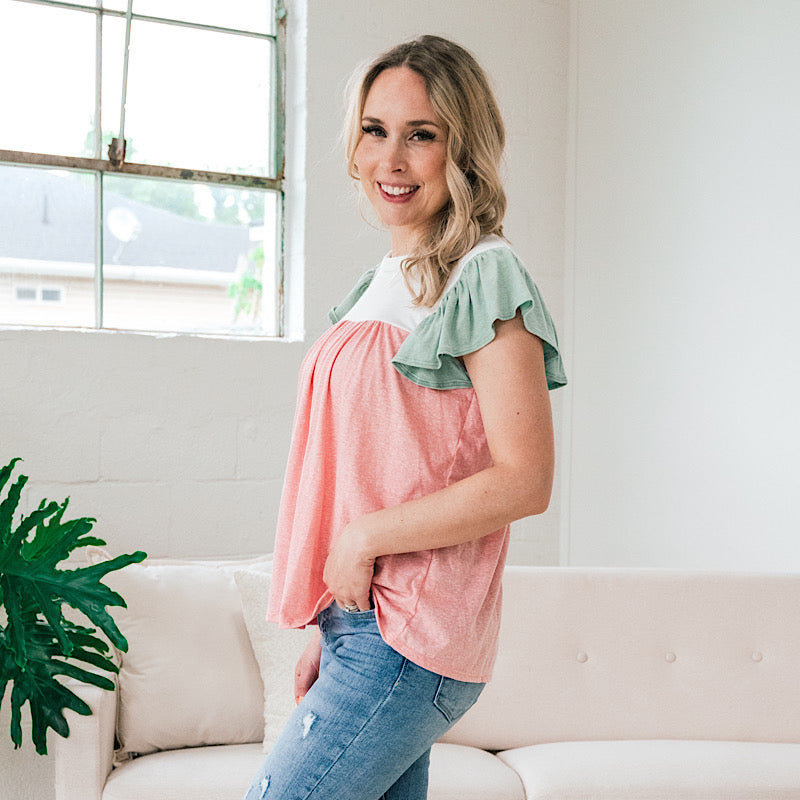 Sweet Moments Color Block Ruffle Top - Pink & Sage FINAL SALE  Lovely Melody   