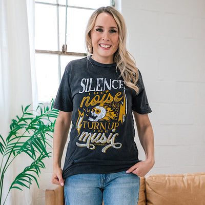 Silence the Noise Distressed Black Tee  Southern Bliss   