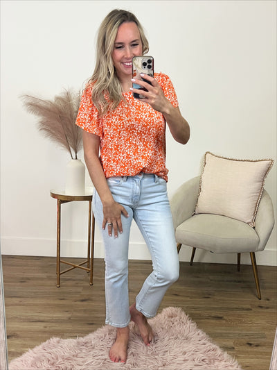 Lilian Ribbed Floral Ruffle Sleeve Top - Orange FINAL SALE  Lovely Melody   