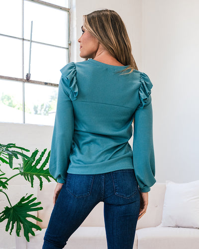McKenna Ribbed Ruffle Shoulder Top - Teal  Lovely Melody   