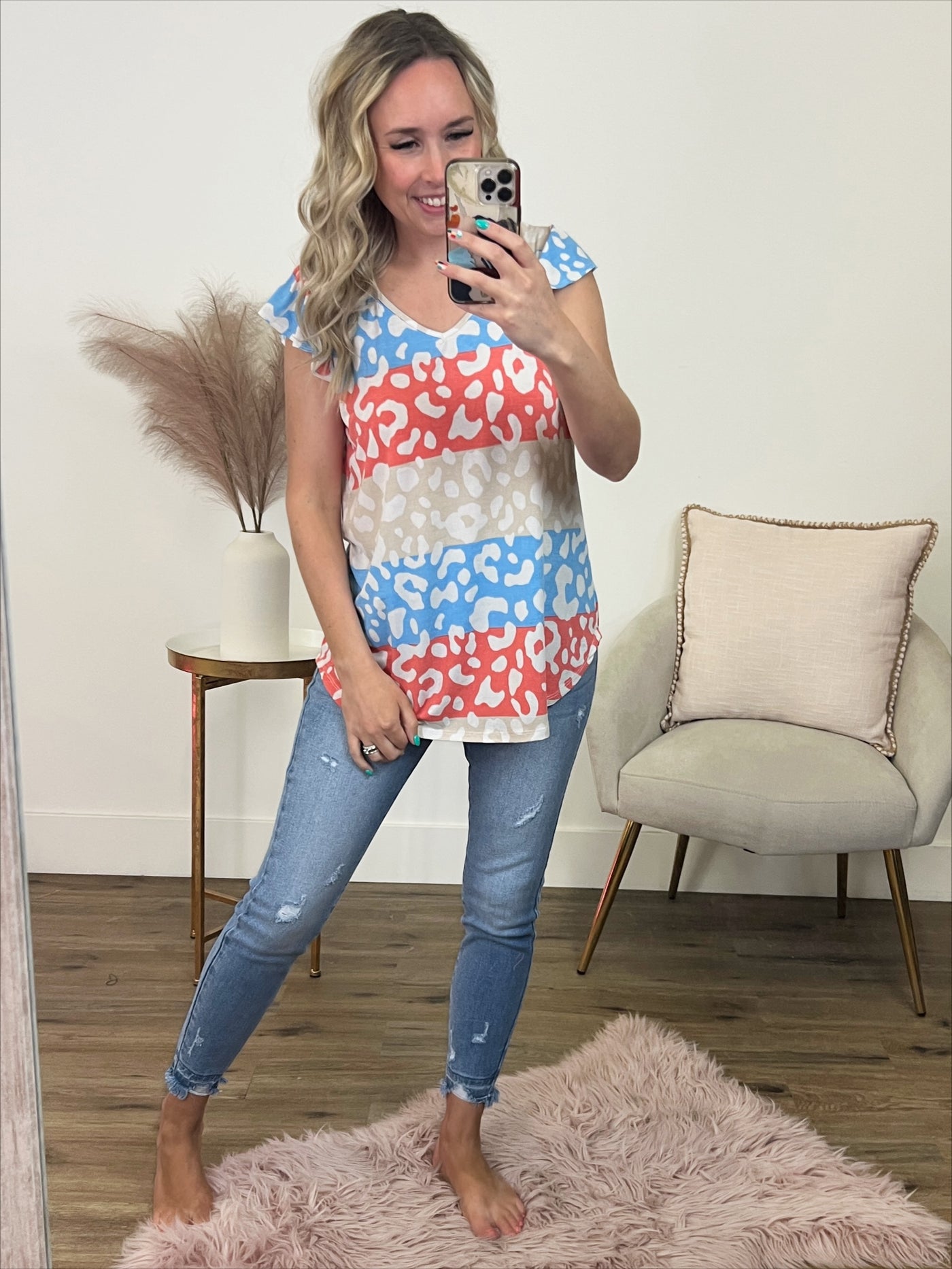 Gretchen Coral and Blue Leopard Ruffle Sleeve Top FINAL SALE  Sew In Love   