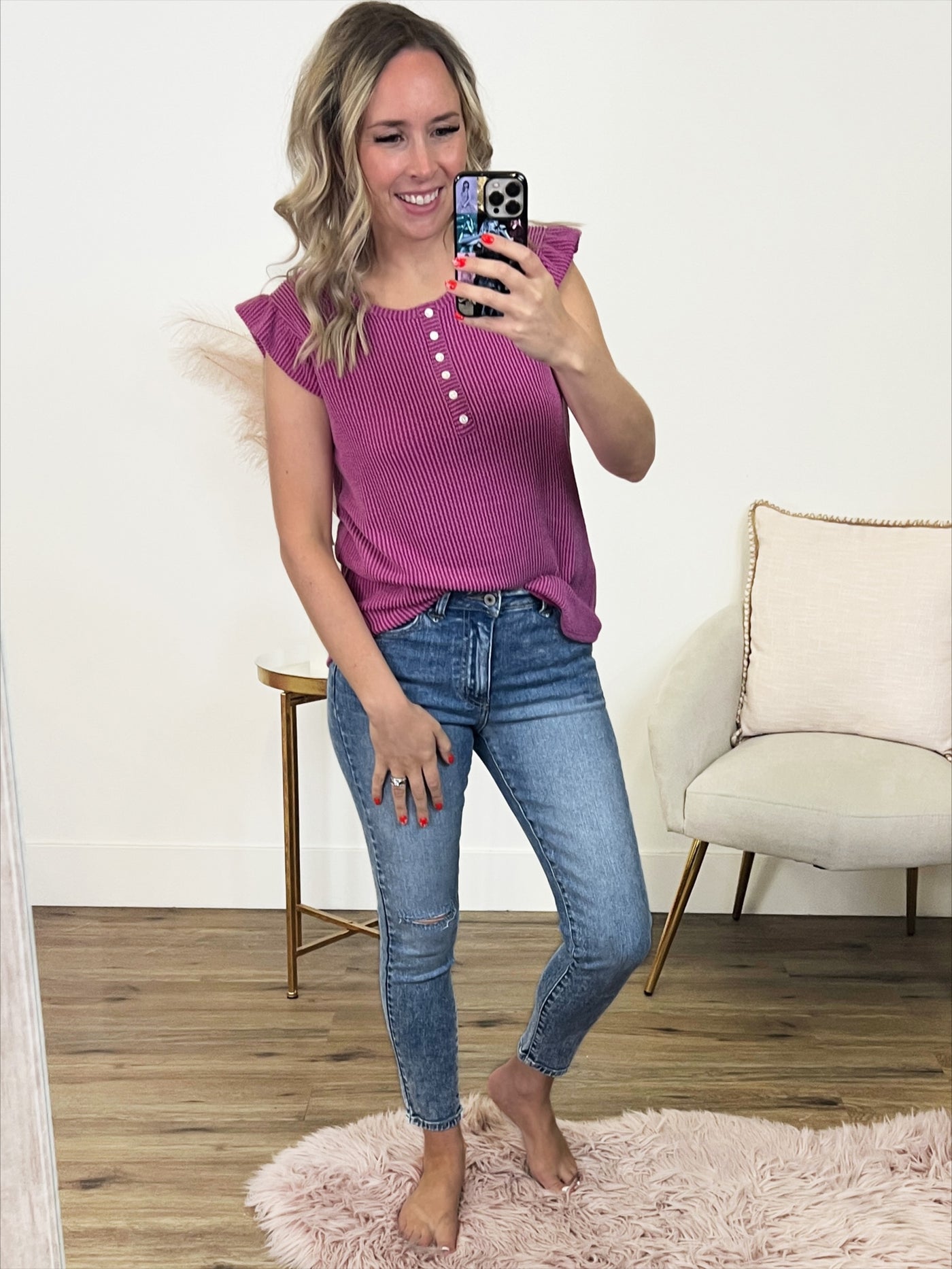 Hillary Corded Flutter Sleeve Henley Top - Magenta FINAL SALE  7th Ray   