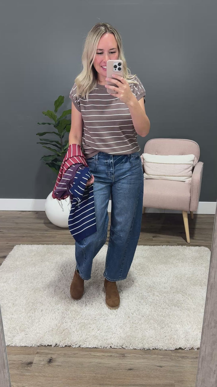 NEW! Allie Striped Short Sleeve Sweater - Marsala Staccato