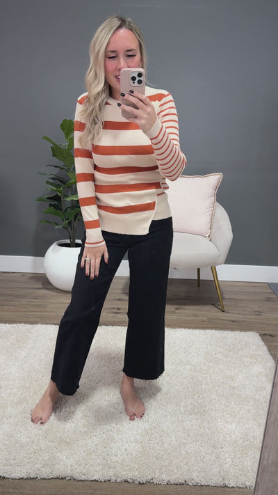 Kimberly Contrast Stripe Knit Top - Rust & Oatmeal