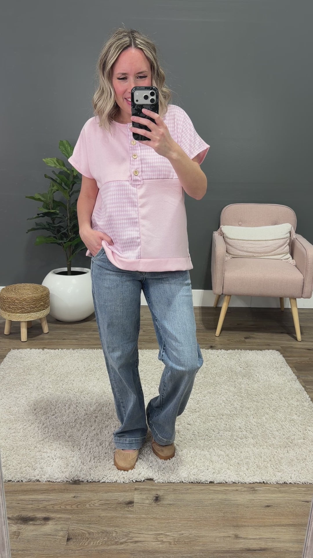 Kayla Gingham Color Block Henley Top - Pink Lovely Melody