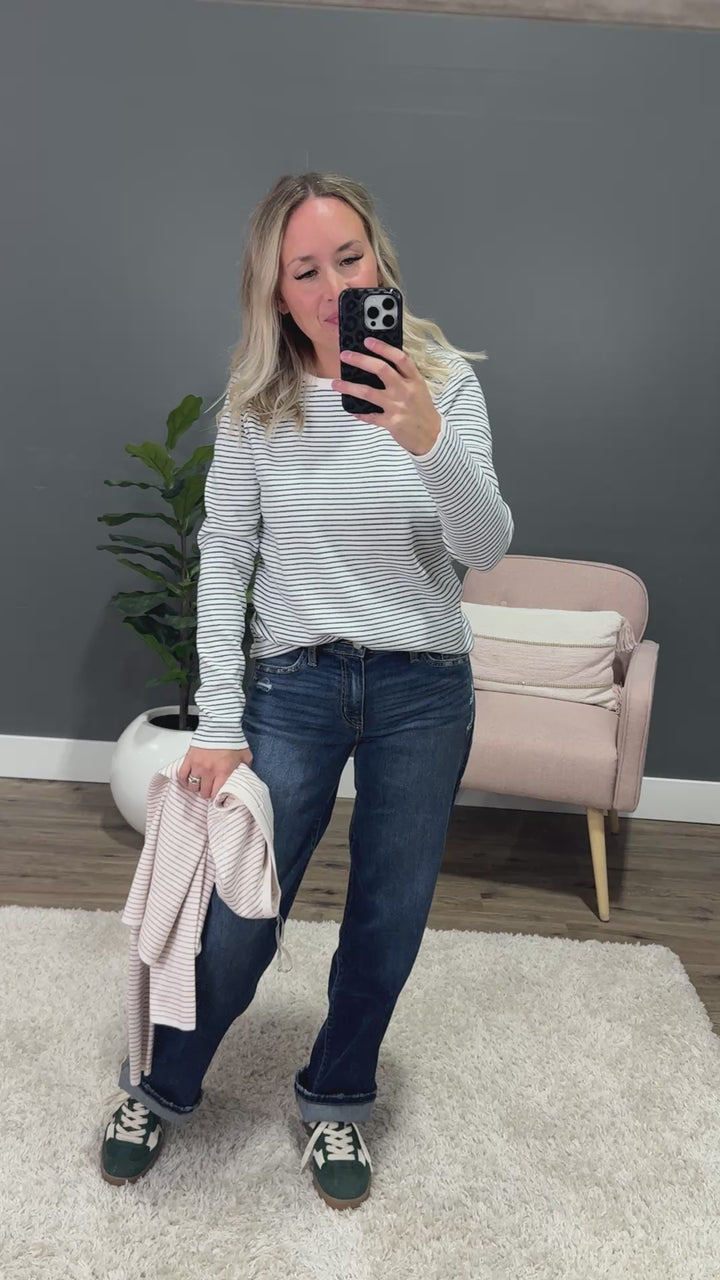 NEW! Emma Pinstriped Sweater - Ivory & Teal Staccato