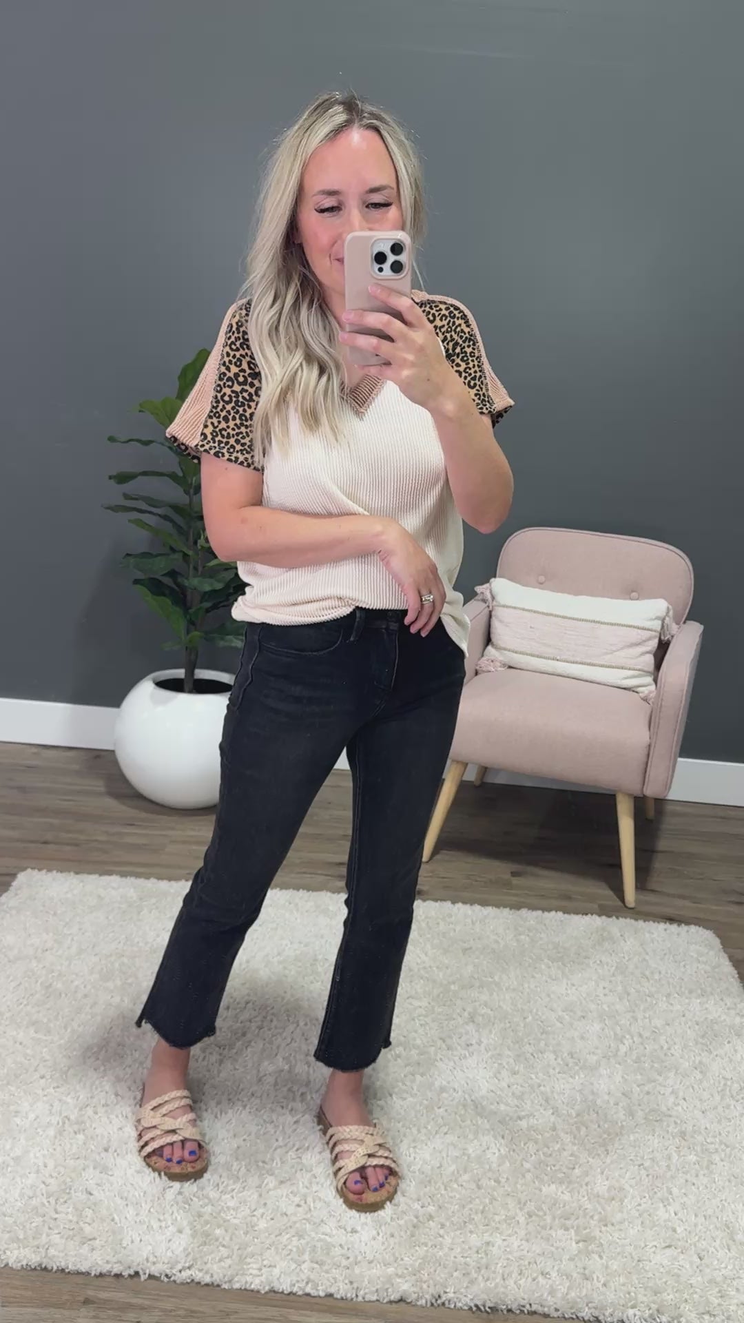 Robin Corded V Neck Top with Leopard Detail - Oat Lovely Melody