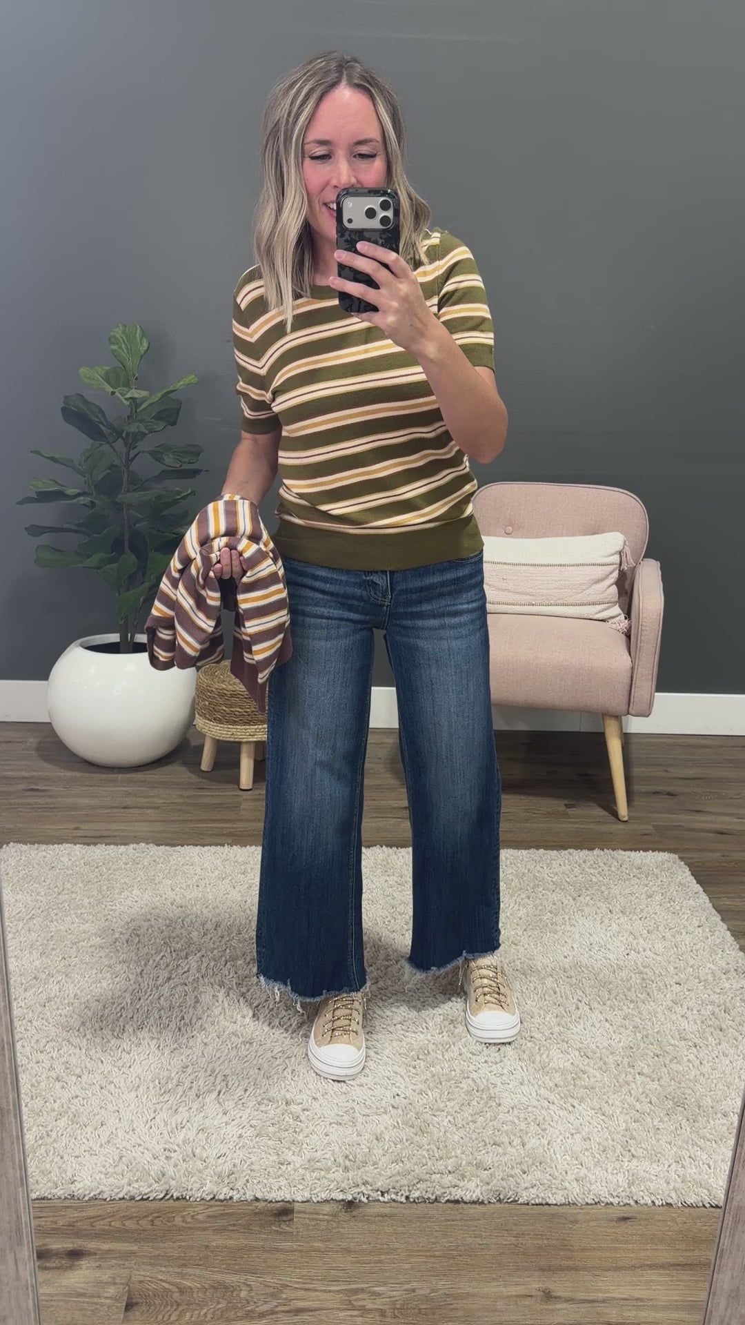 NEW! Iris Striped Short Sleeve Sweater  - Olive