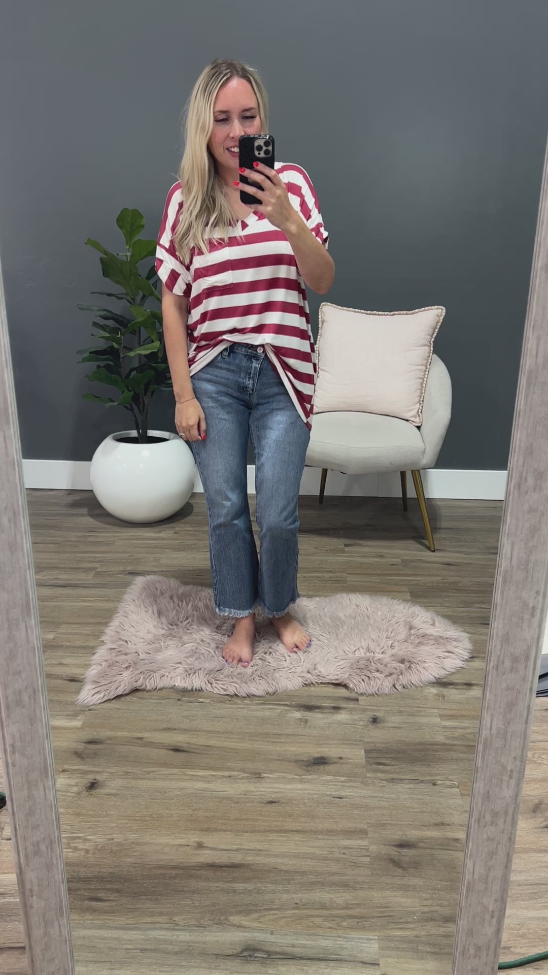 Jenna Stripe Boyfriend V Neck Top - Terracotta