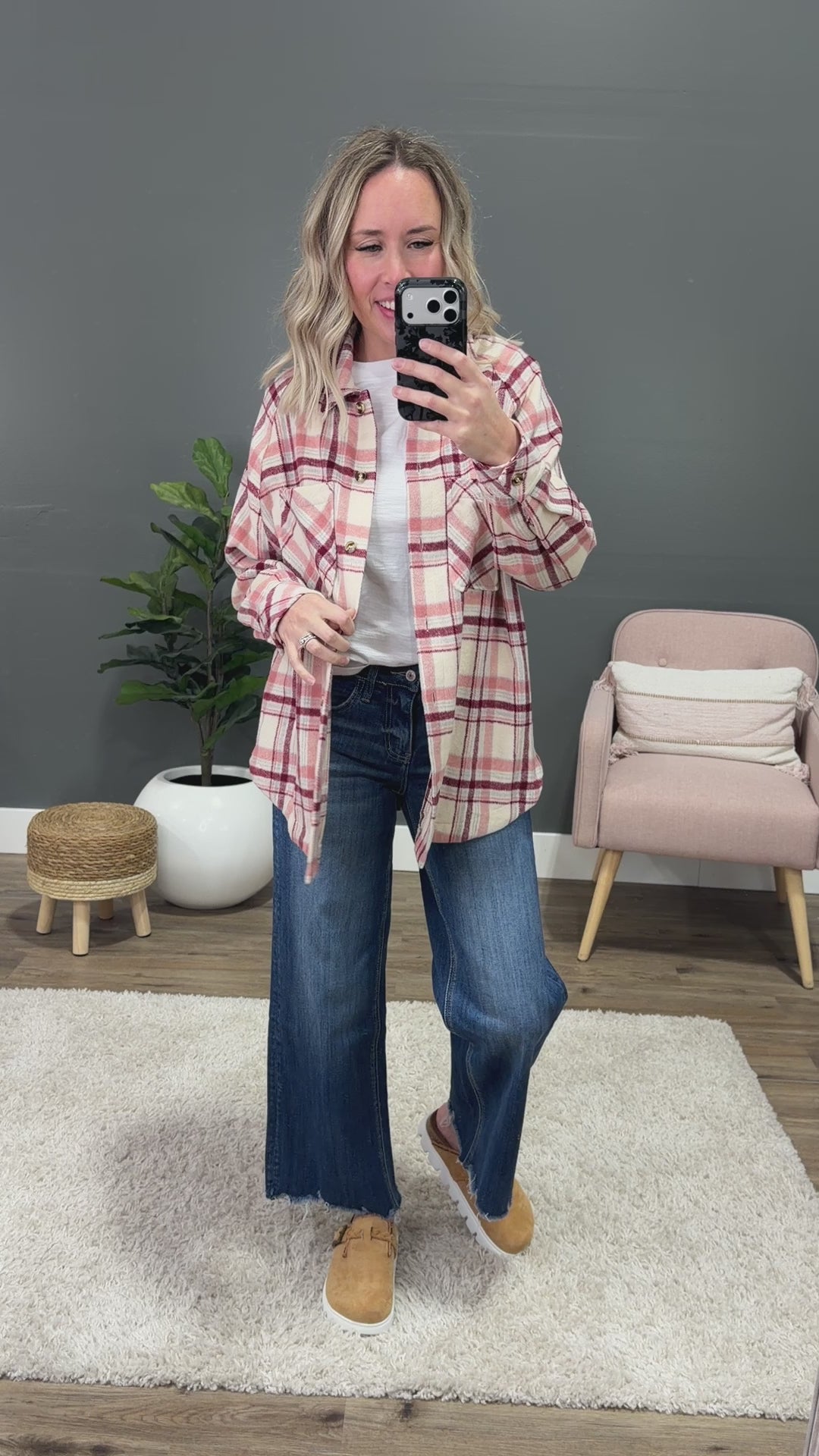 Aleisha Brushed Plaid Button Up Top - Pink FINAL SALE Staccato