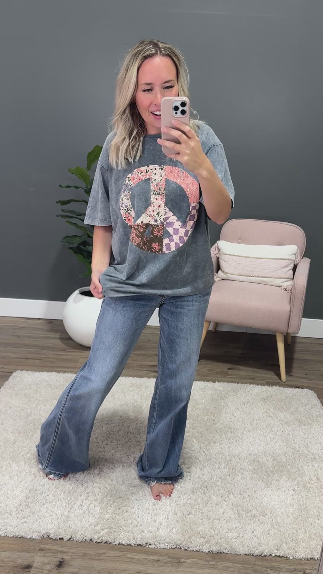 Patchwork Peace Sign Gray Denim Mineral Wash Tee Zutter