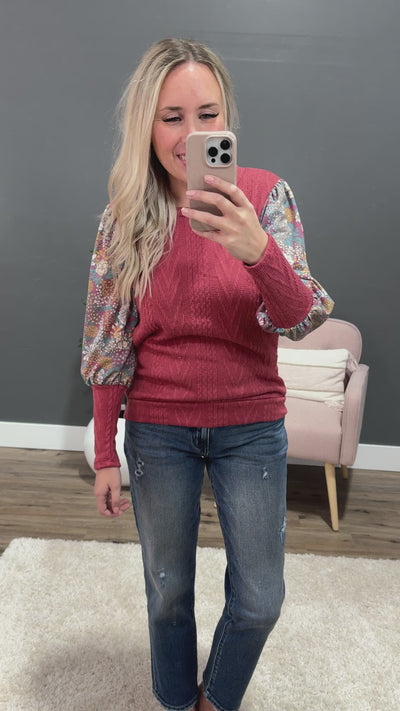 Jessie Cable Knit with Floral Sleeve Top - Dark Mauve Lovely Melody