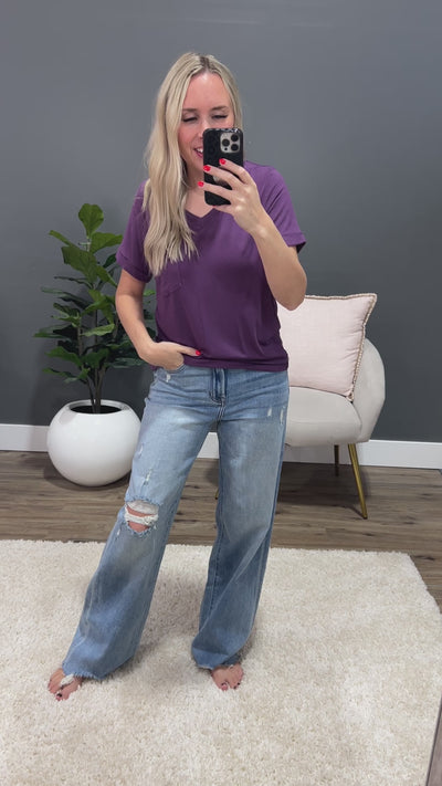 Step Right Out V Neck Pocket Top - Plum