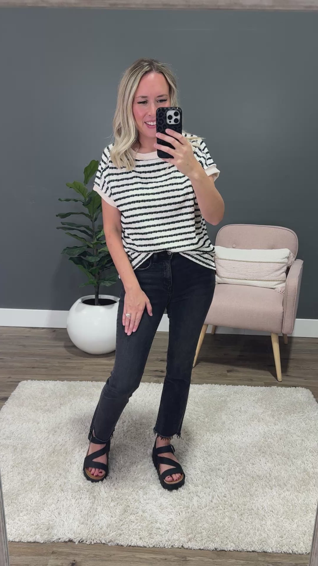 Jillian Textured Striped Top - Black 7th Ray