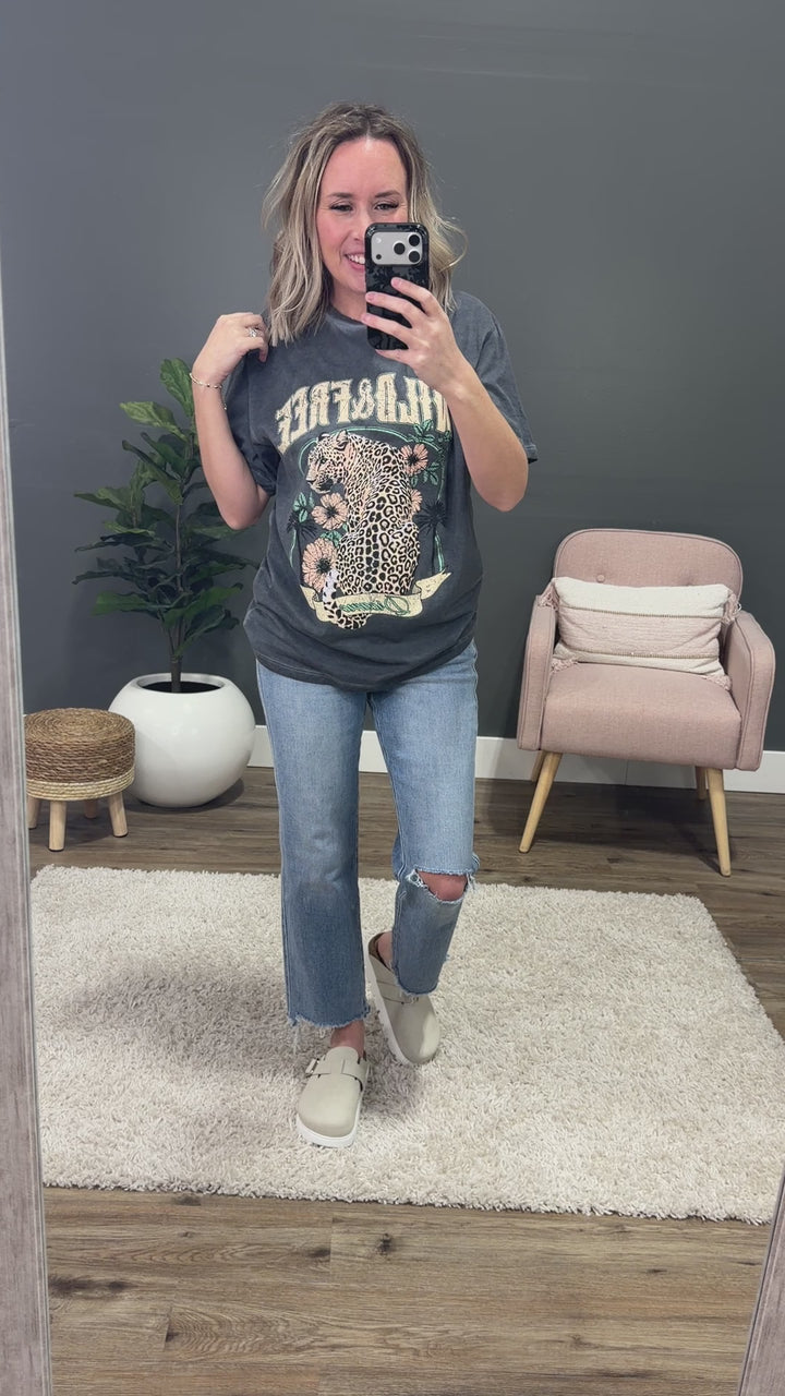 NEW! Wild & Free Leopard Floral Black Mineral Wash Tee