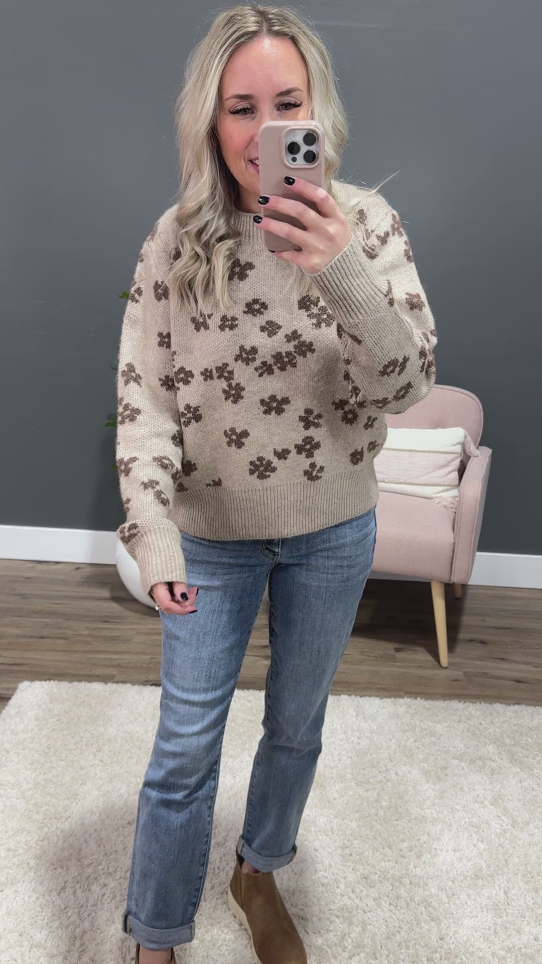 Tonya Cozy Flower Sweater - Mocha Be Cool