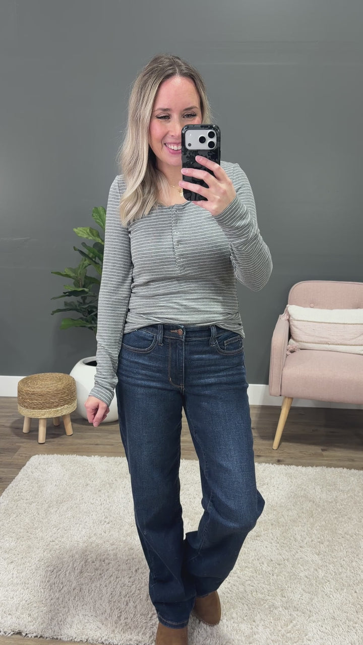 NEW! Dawn Striped Henley Long Sleeve Top - Charcoal Michelle Mae