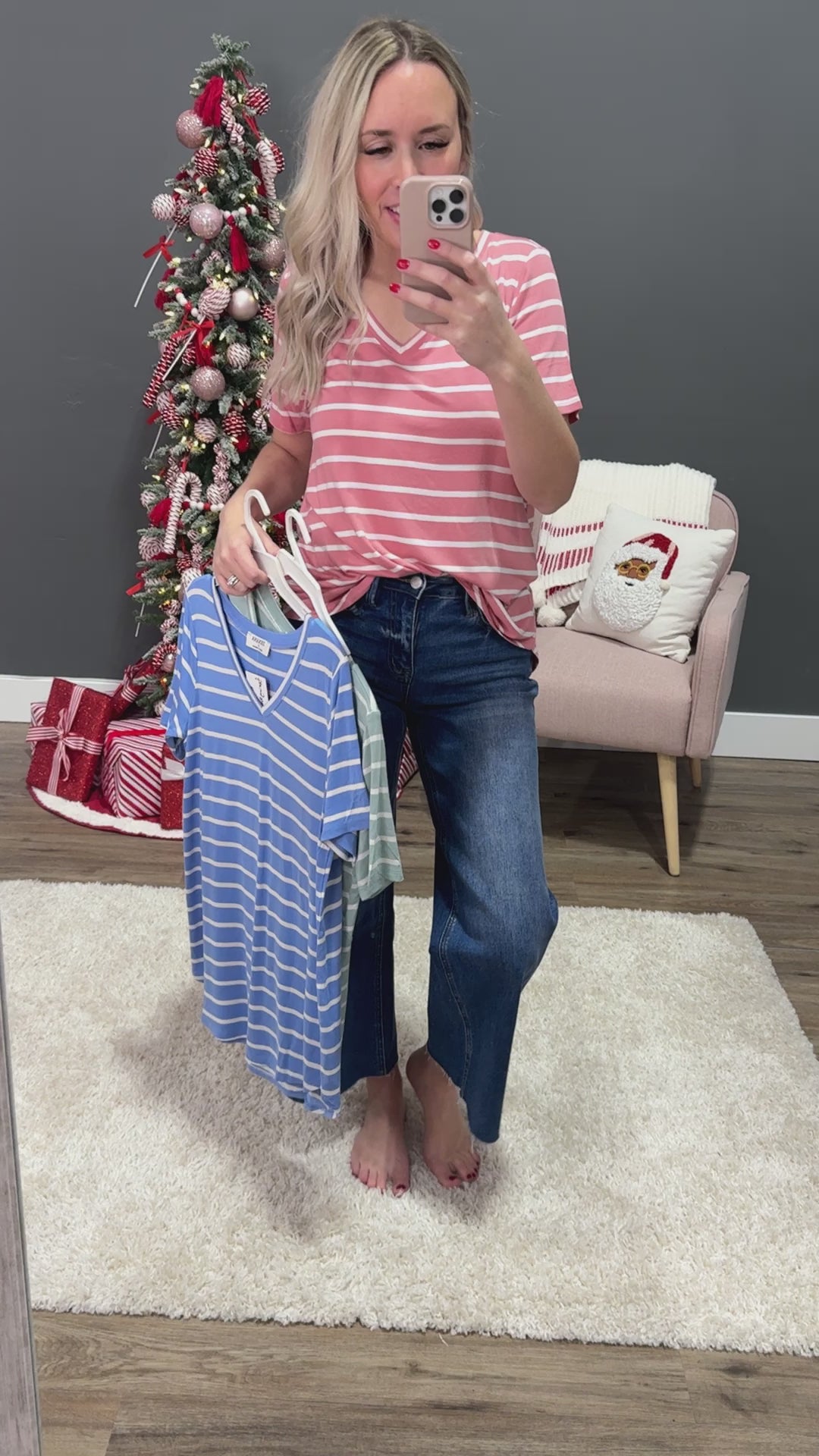 DOORBUSTER! Striped V Neck Top - Spring Blue Zenana