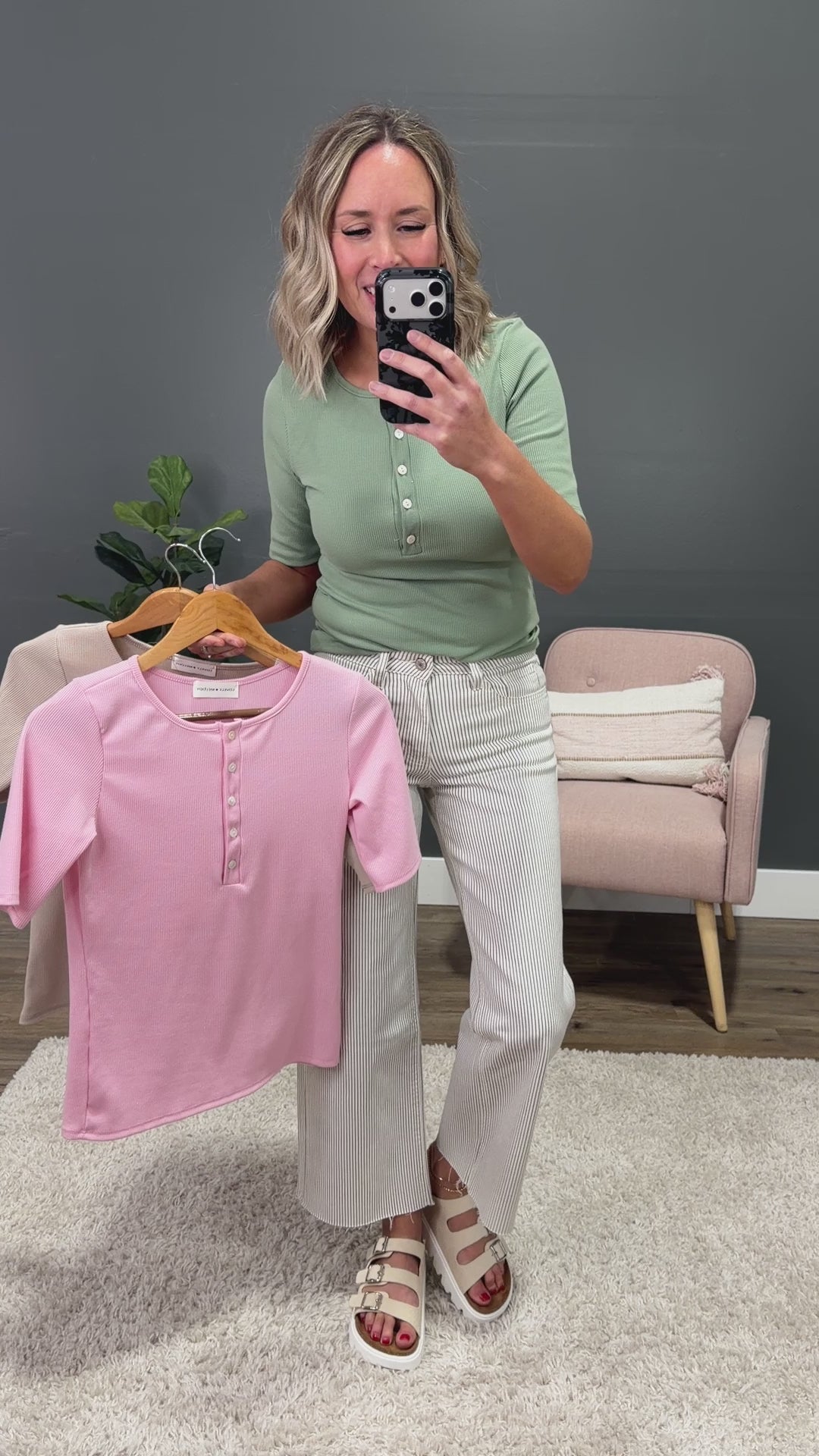 NEW! Emmy Micro Ribbed Henley Top - Sage Lovely Melody