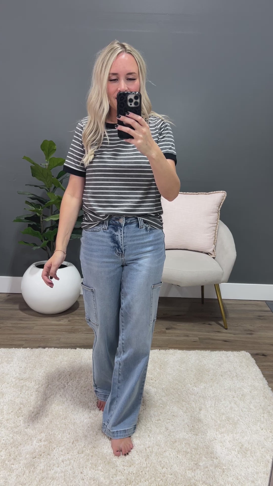 Meredith Striped Crewneck Top - Charcoal