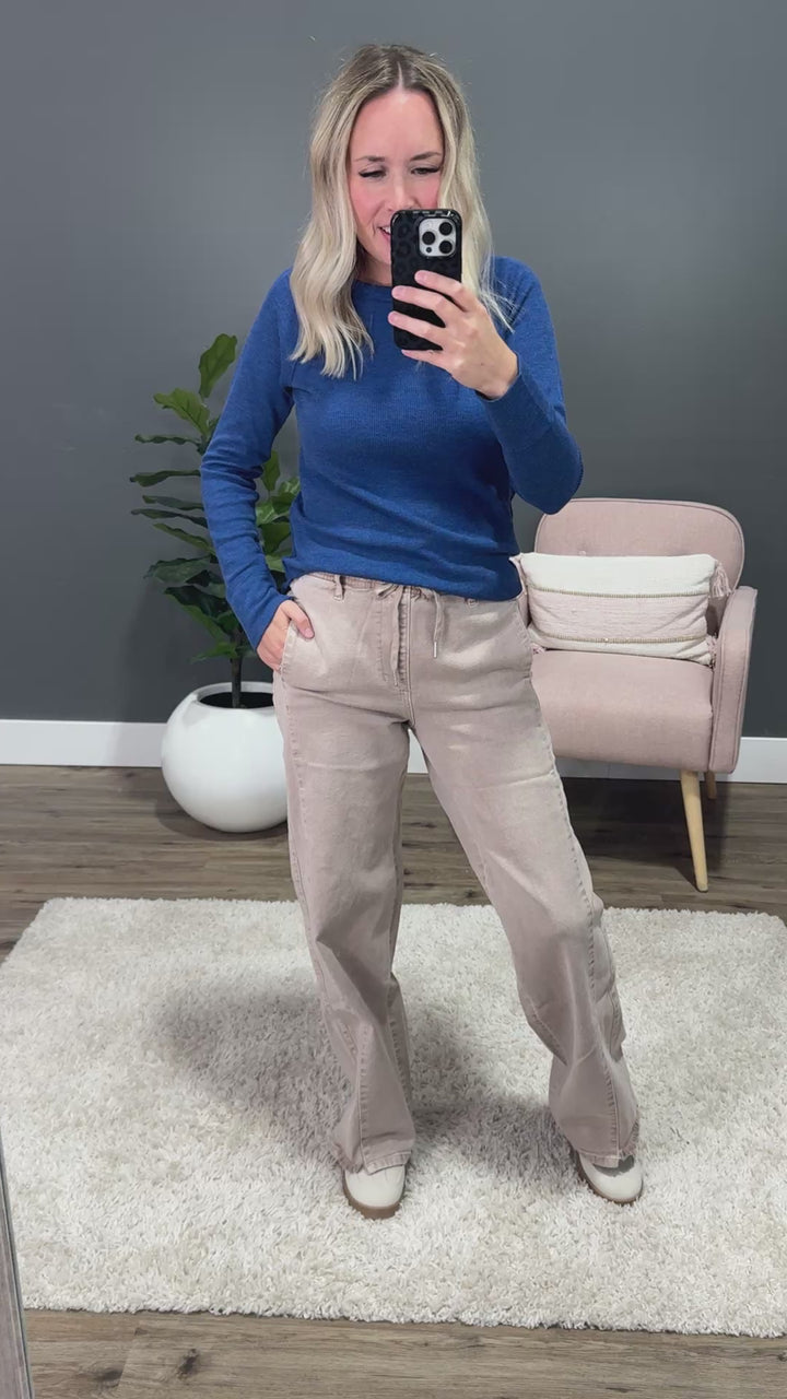 NEW! KanCan Heidi Elastic Waist Wide Leg Jeans - Taupe KanCan