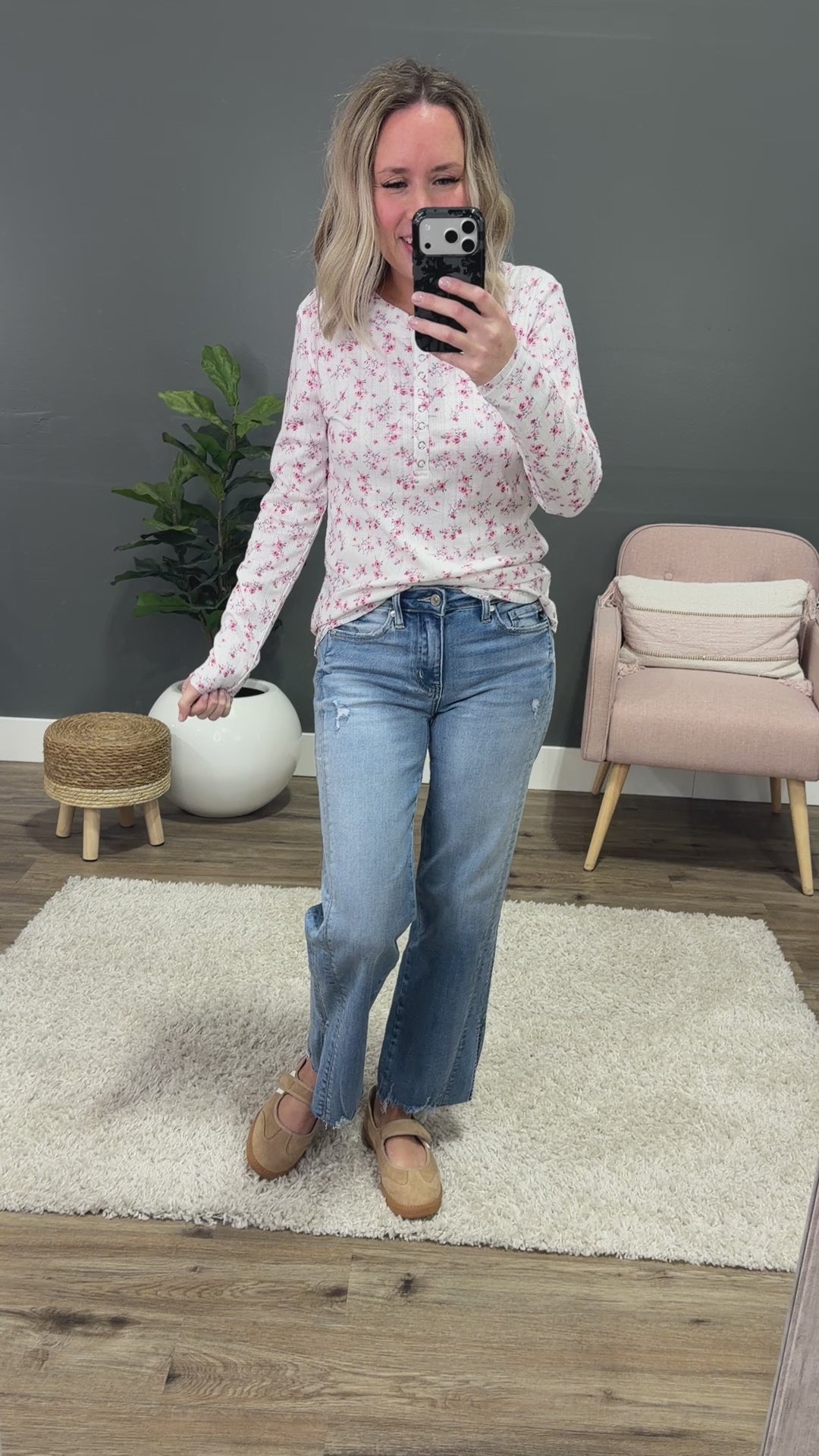 NEW! Christina Pointelle Henley Long Sleeve Top - Micro Pink Floral Michelle Mae