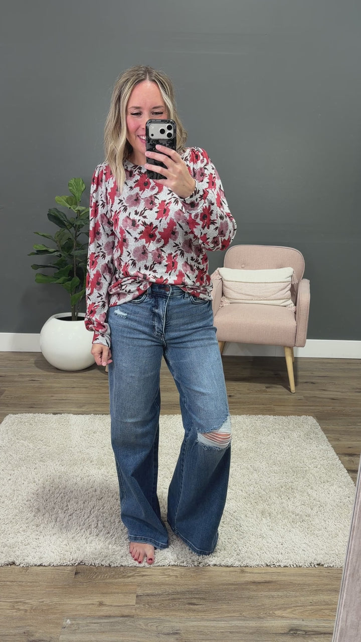NEW! Livie Floral Puff Sleeve Top - Red Staccato