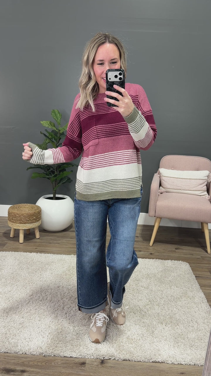 Janelle Multi Color Knit Sweater - Rose & Burgundy Staccato
