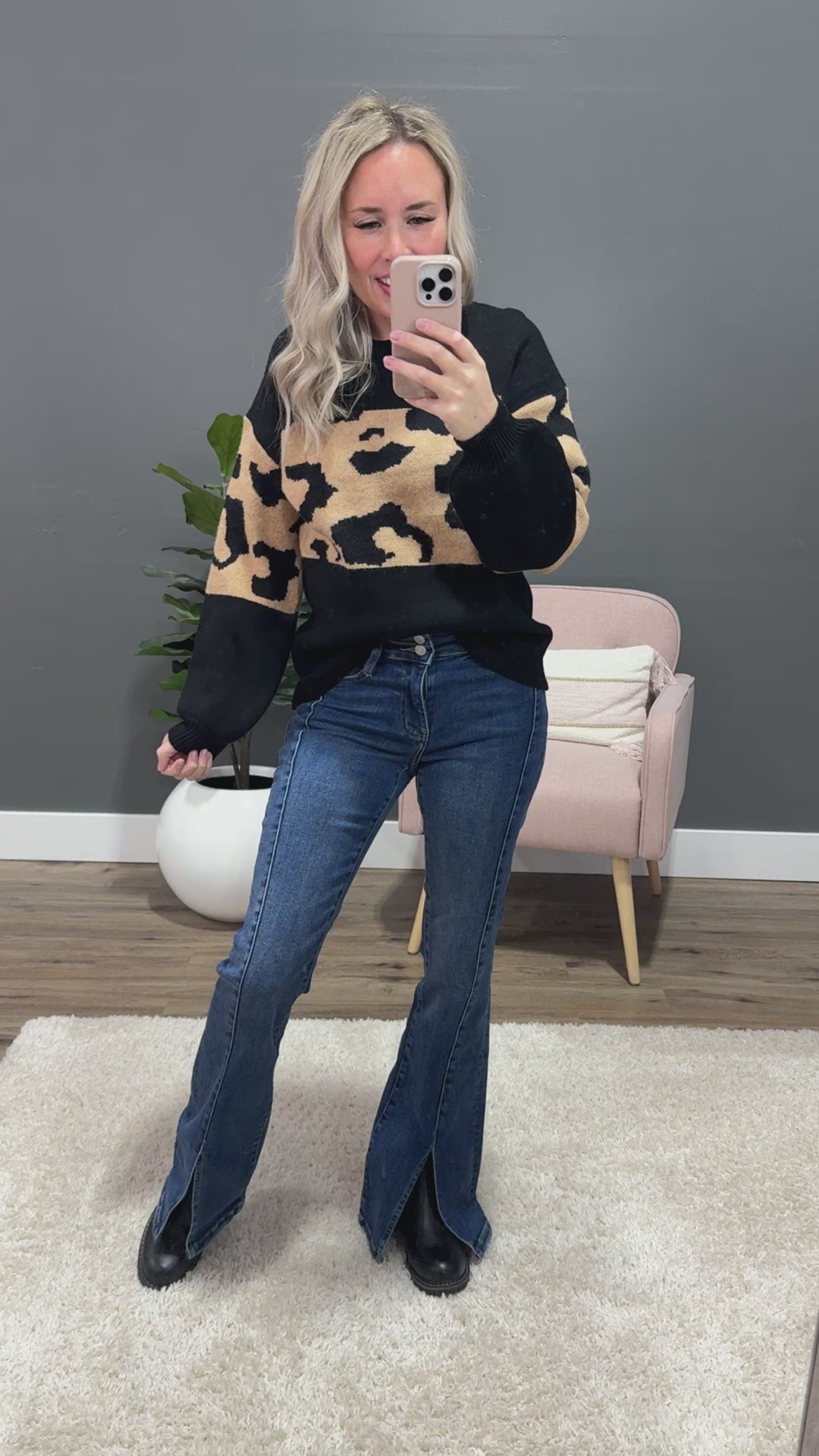 NEW! Greta Black with Mocha Leopard Color Block Sweater