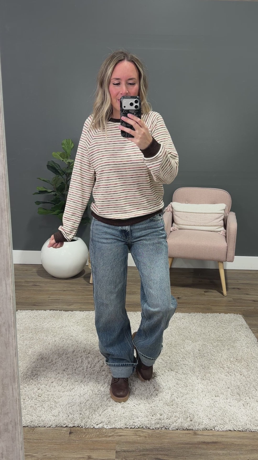 NEW! Kira Striped Raglan Waffle Top - Brown
