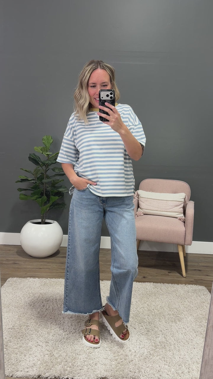 NEW! Hazel Contrast Striped Top - Dusty Blue & Yellow