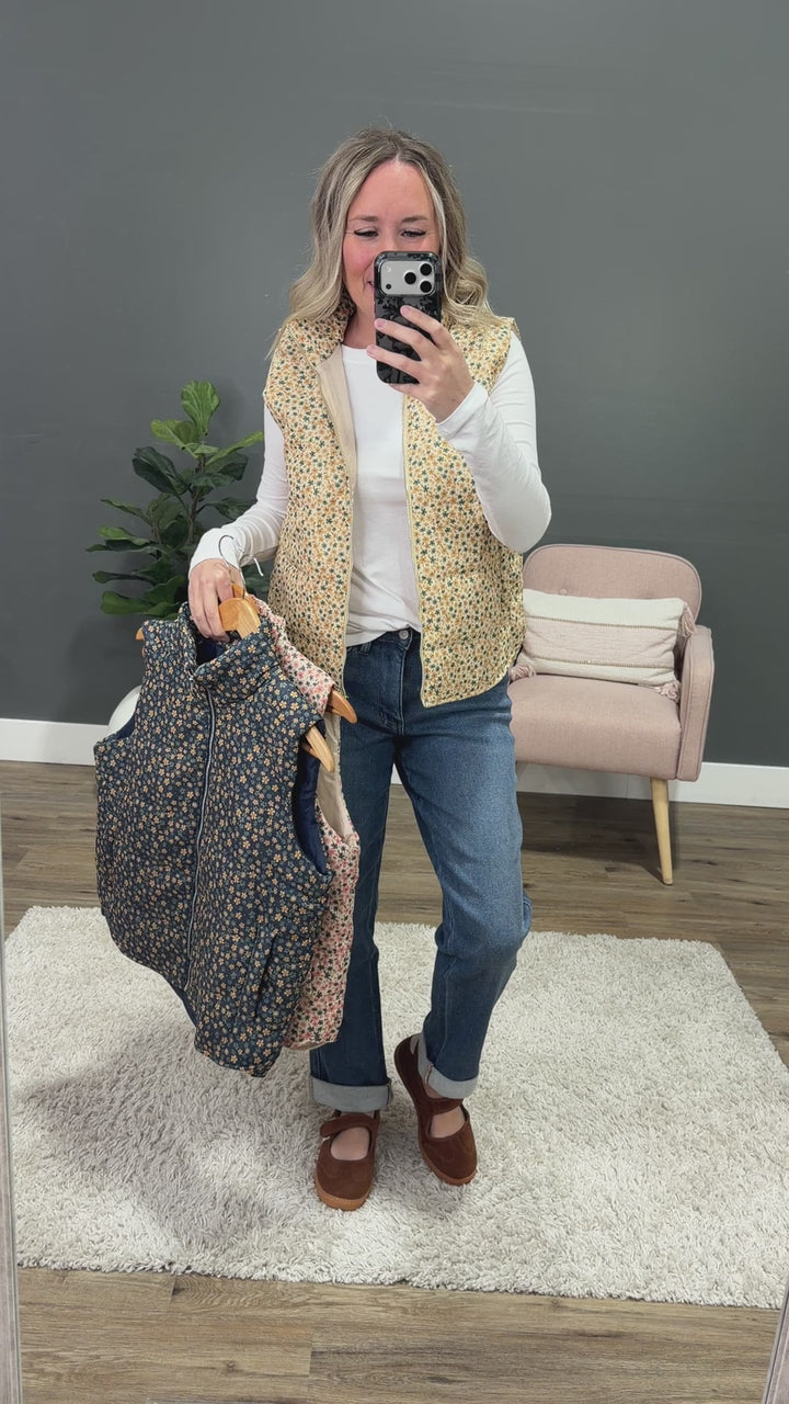 NEW! Juliana Floral Print Corduroy Vest - Cream & Pink