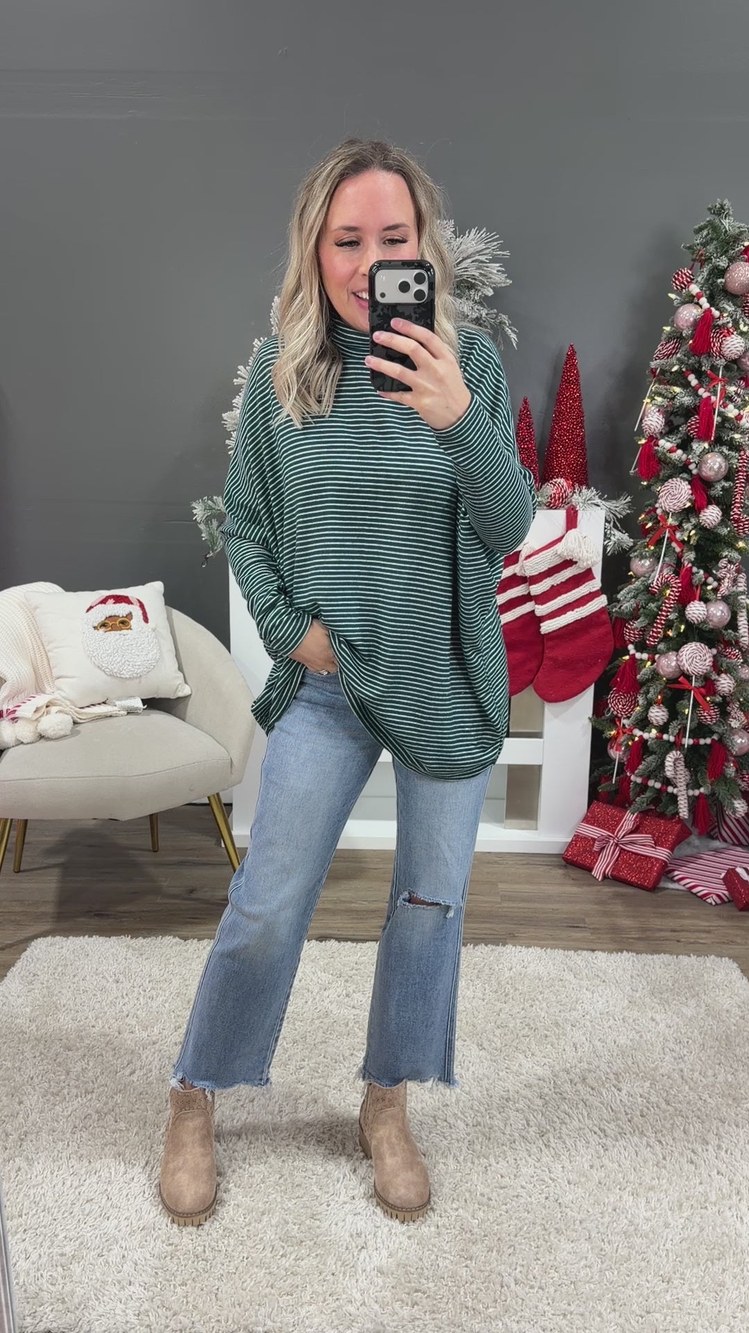 NEW! Here I Am Striped Dolman Sleeve Turtle Neck - Deep Green & Cream Double Zero