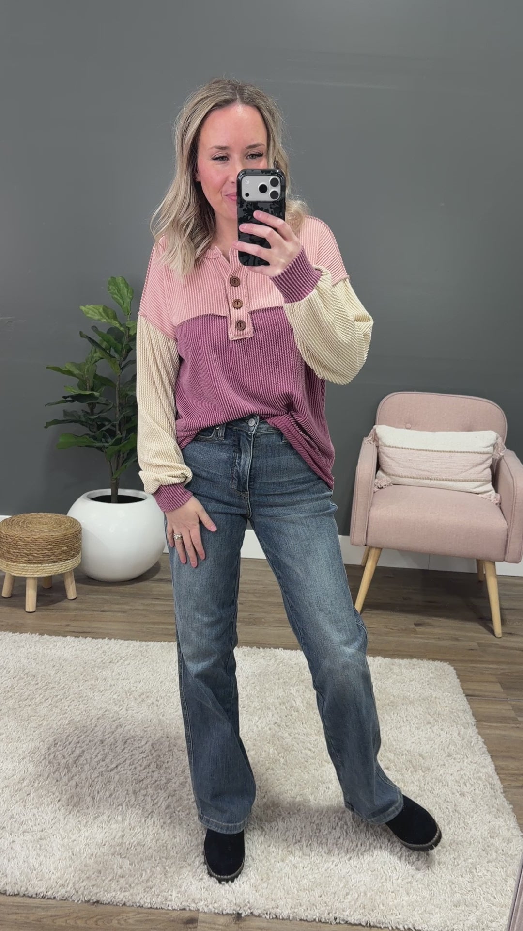 NEW! Andrea Corded Color Block Henley Top - Marsala 7th Ray