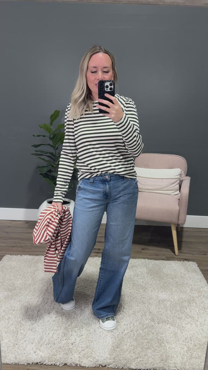 NEW! Alexa Striped Pleated Shoulder Top - Rust Staccato