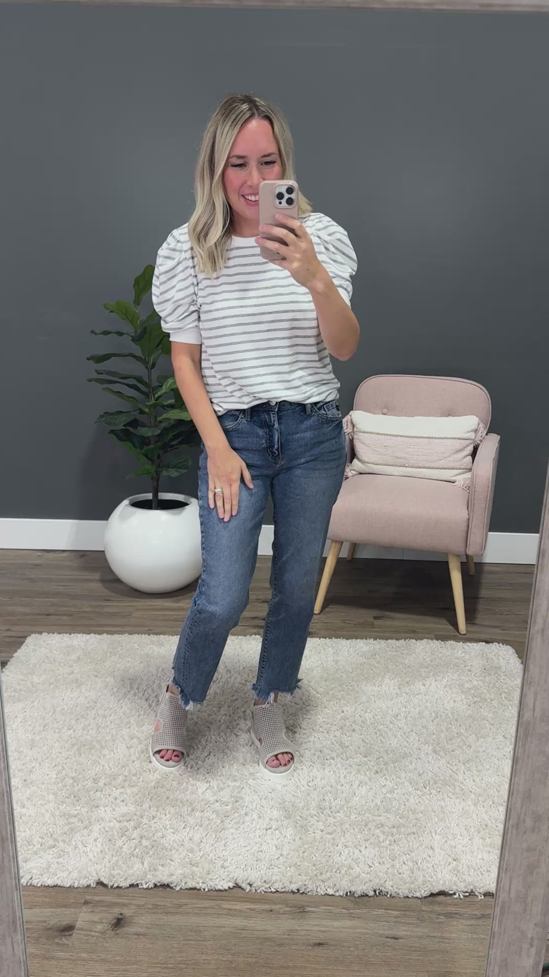 Hillary Striped Puff Sleeve Top - Heather Gray Lovely Melody