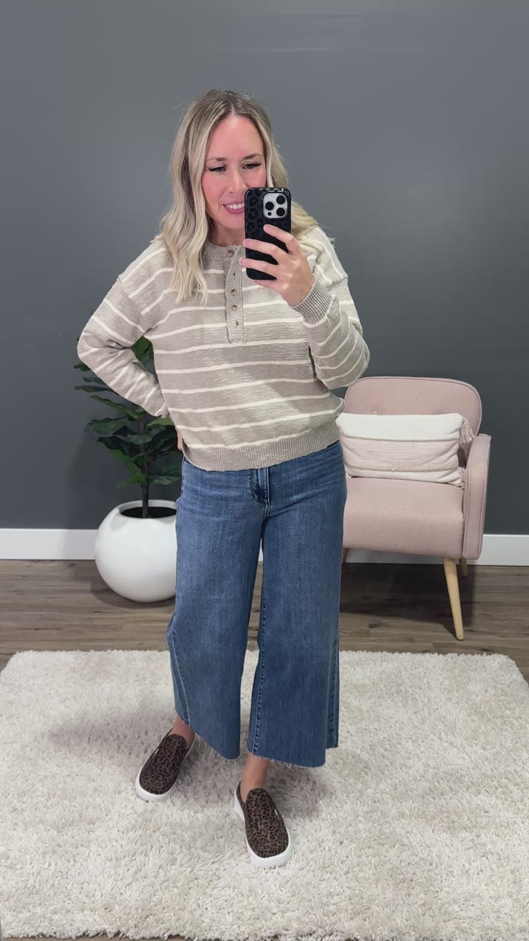 Leeann Striped Henley Sweater - Pebble Shirts & Tops Be Cool