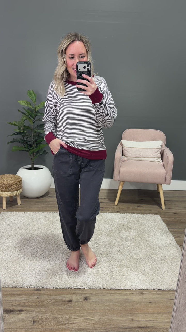 NEW! Marie Pinstriped Long Sleeve Top - Plum Staccato