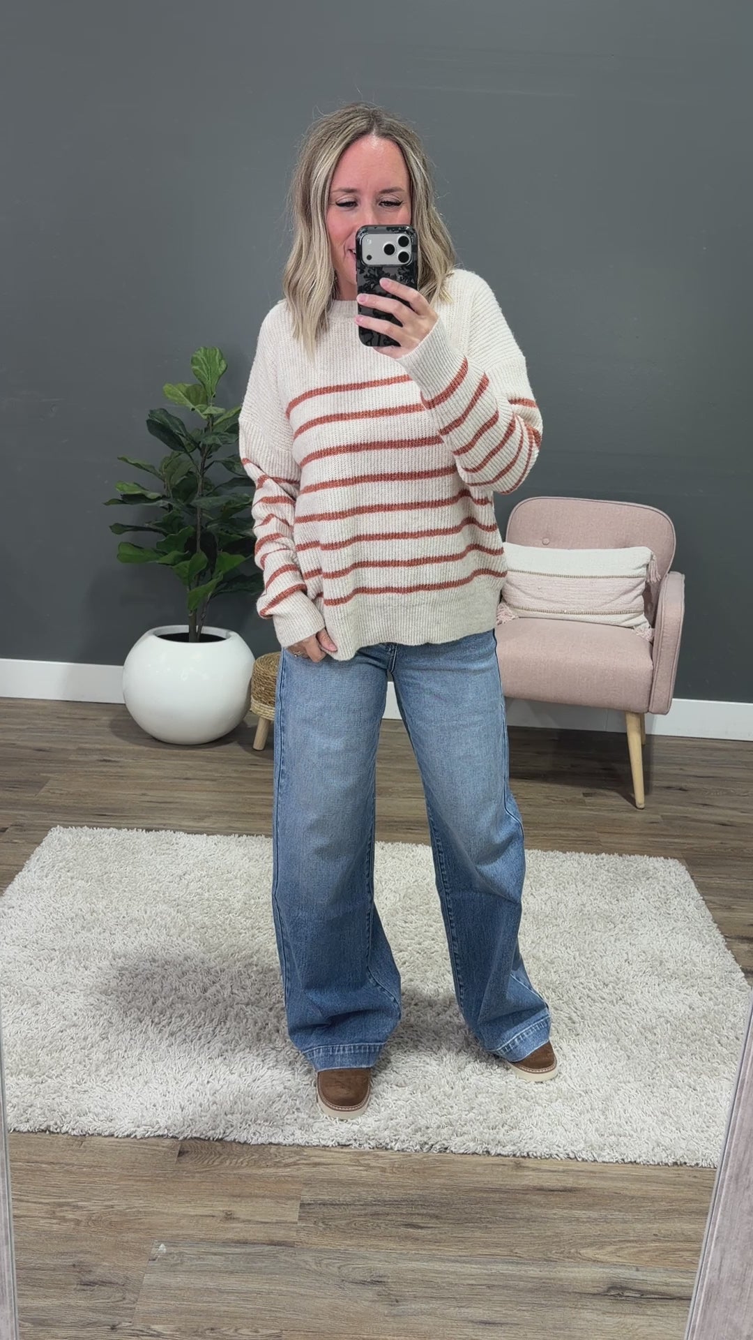 NEW! Desi Ribbed Striped Sweater - Oatmeal & Rust Staccato