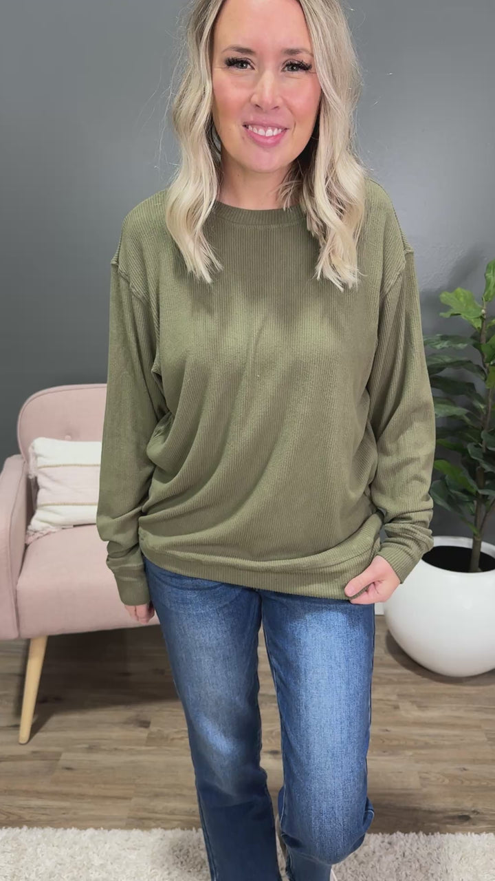 Mia Ribbed Crewneck Top - Olive Michelle Mae