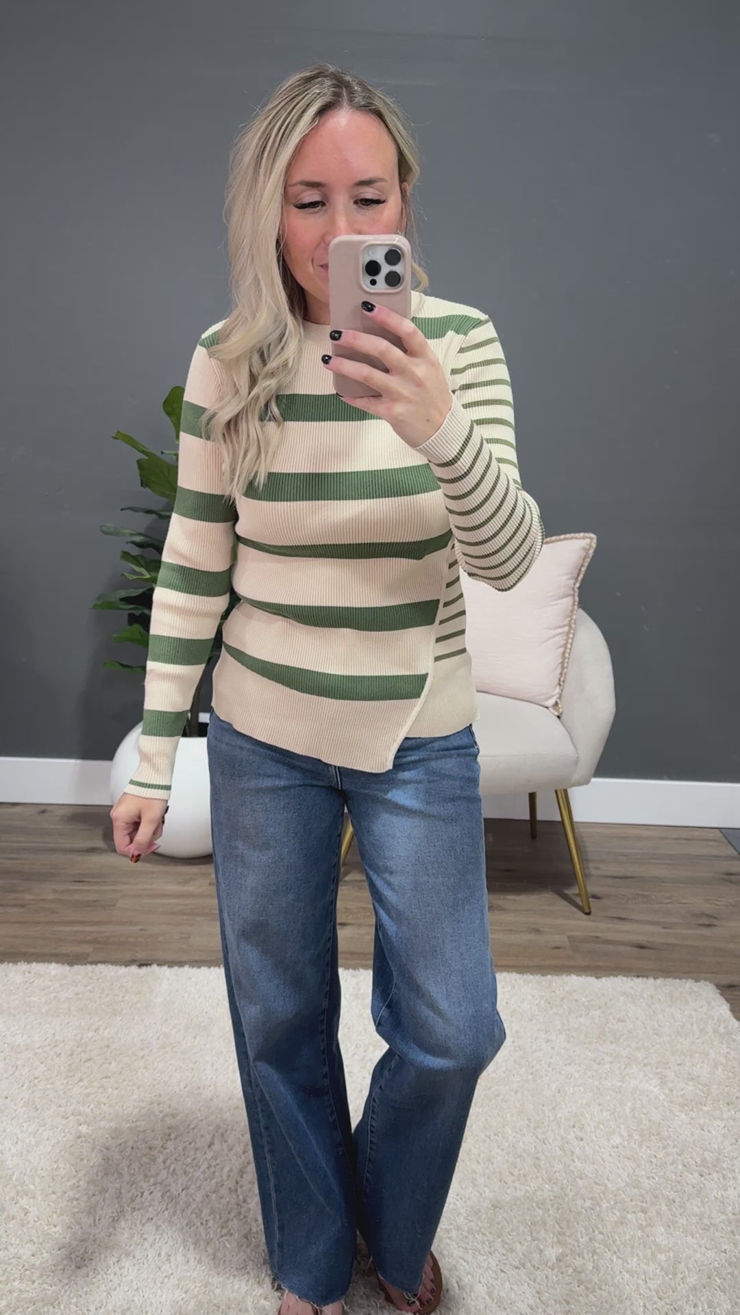 Kimberly Contrast Stripe Knit Top - Olive & Oatmeal